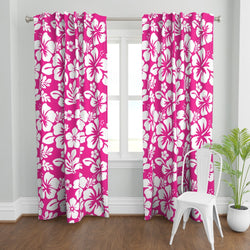 White Hawaiian Flowers on Hot Pink Window Curtains - Extremely Stoked® Eco Beach Luxe Collection - Medium Scale