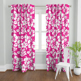 White Hawaiian Flowers on Hot Pink Window Curtains - Extremely Stoked® Eco Beach Luxe Collection - Medium Scale
