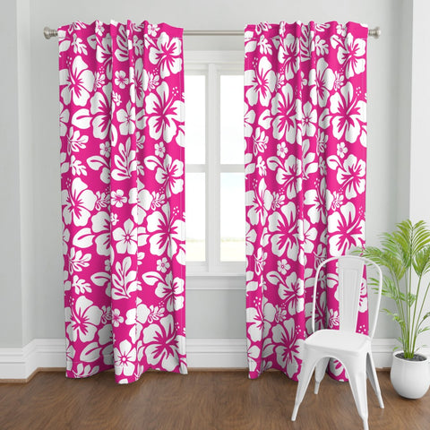 White Hawaiian Flowers on Hot Pink Window Curtains - Extremely Stoked® Eco Beach Luxe Collection - Medium Scale