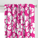 White Hawaiian Flowers on Hot Pink Window Curtains - Extremely Stoked® Eco Beach Luxe Collection - Medium Scale