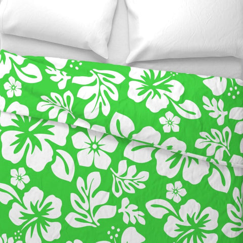 Bright Lime Green and White Hibiscus and Hawaiian Flowers Duvet Cover -Medium Scale - Extremely Stoked