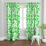 White Hawaiian Flowers on Lime Green Window Curtains - Extremely Stoked® Eco Beach Luxe Collection - Medium Scale