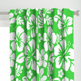 White Hawaiian Flowers on Lime Green Window Curtains - Extremely Stoked® Eco Beach Luxe Collection - Medium Scale