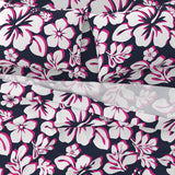 Navy Blue, Surfer Girl Pink and White Hawaiian Flowers Sheet Set from Surfer Bedding™️ Medium Scale - Extremely Stoked