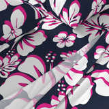 Navy Blue, Surfer Girl Pink and White Hawaiian Flowers Sheet Set from Surfer Bedding™️ Medium Scale - Extremely Stoked