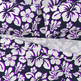 Navy Blue, White and Purple Hawaiian Flowers Sheet Set from Surfer Bedding™️ Medium Scale - Extremely Stoked