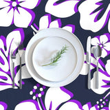 Purple and White Hawaiian Flowers on Navy Blue Square and Rectangular Tablecloth - Extremely Stoked