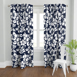 White Hawaiian Flowers on Navy Blue Window Curtains - Extremely Stoked® Eco Beach Luxe Collection - Medium Scale