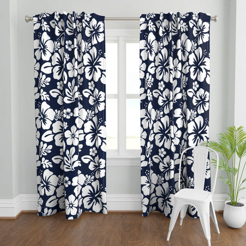 White Hawaiian Flowers on Navy Blue Window Curtains - Extremely Stoked® Eco Beach Luxe Collection - Medium Scale