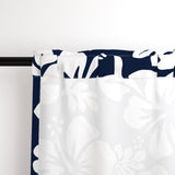 White Hawaiian Flowers on Navy Blue Window Curtains - Extremely Stoked® Eco Beach Luxe Collection - Medium Scale