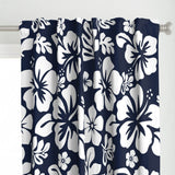 White Hawaiian Flowers on Navy Blue Window Curtains - Extremely Stoked® Eco Beach Luxe Collection - Medium Scale