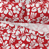 White Hawaiian Flowers on Surfer Red Sheet Set from Surfer Bedding™️ Medium Scale - Extremely Stoked