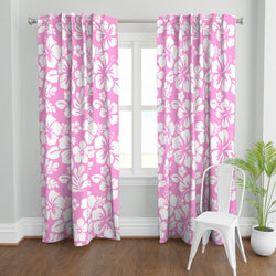 White Hawaiian Flowers on Pink Window Curtains - Extremely Stoked® Eco Beach Luxe Collection - Medium Scale