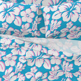 White and Soft Pink Hawaiian Flowers on Aqua Ocean Blue Sheet Set from Surfer Bedding™️ Medium Scale - Extremely Stoked