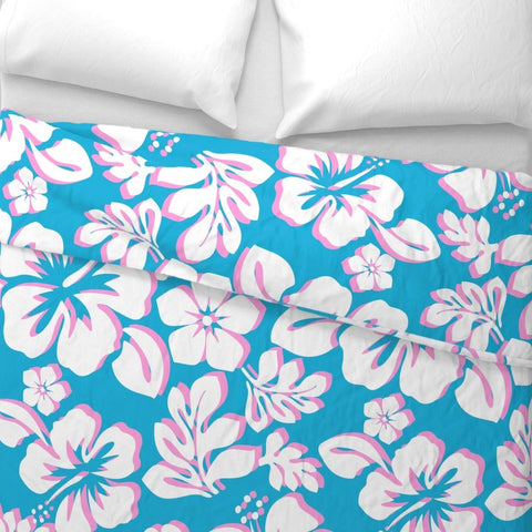 White and Soft Pink Hawaiian Hibiscus Flowers on Aqua Blue Duvet Cover -Medium Scale - Extremely Stoked