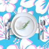 Pink and White Hawaiian Flowers on Aqua Blue Square and Rectangular Tablecloth - Extremely Stoked