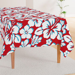 Aqua Blue and White Hawaiian Flowers on Red Square and Rectangular Tablecloth - Extremely Stoked