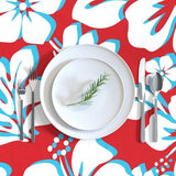 Aqua Blue and White Hawaiian Flowers on Red Square and Rectangular Tablecloth - Extremely Stoked