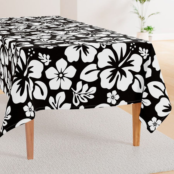 Black and White Hawaiian Flowers Square and Rectangular Tablecloth - Extremely Stoked