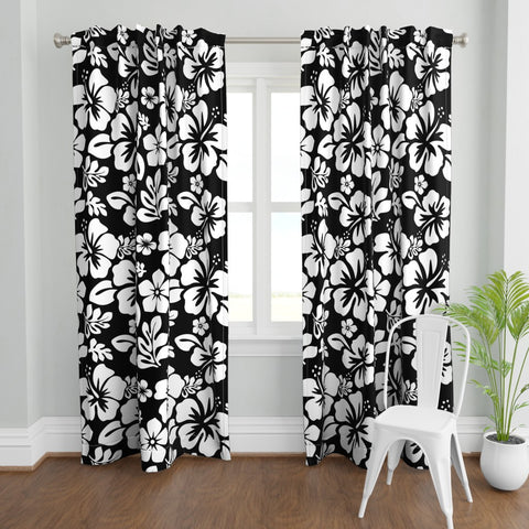 White Hawaiian Flowers on Black Window Curtains - Extremely Stoked® Eco Beach Luxe Collection - Medium Scale