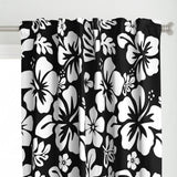 White Hawaiian Flowers on Black Window Curtains - Extremely Stoked® Eco Beach Luxe Collection - Medium Scale