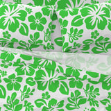 Bright Lime Green Hawaiian Flowers on White Sheet Set from Surfer Bedding™️ Medium Scale - Extremely Stoked