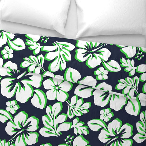 Navy Blue, Lime Green and White Hibiscus and Hawaiian Flowers Duvet Cover -Medium Scale - Extremely Stoked