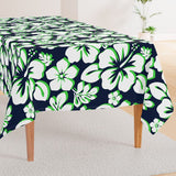 Lime Green and White Hawaiian Flowers on Navy Blue Square and Rectangular Tablecloth - Extremely Stoked