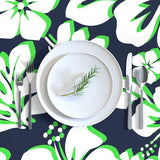 Lime Green and White Hawaiian Flowers on Navy Blue Square and Rectangular Tablecloth - Extremely Stoked