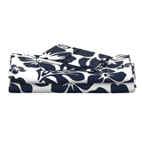 Navy Blue Hawaiian Flowers on White Sheet Set from Surfer Bedding™️ Medium Scale - Extremely Stoked