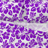 Purple Hawaiian Flowers on White Sheet Set from Surfer Bedding™️ Medium Scale - Extremely Stoked