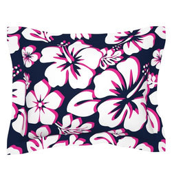 Navy Blue, Hot Pink and White Hibiscus Flowers Pillow Sham