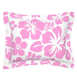 Pink Hawaiian Hibiscus Flowers on White Pillow Sham