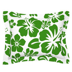 Fresh Green Hawaiian Hibiscus Flowers on White Pillow Sham