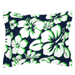 Navy Blue, White and Lime Green Hawaiian Hibiscus Flowers Pillow Sham - Extremely Stoked