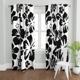 Black Hawaiian Flowers on White Window Curtains - Extremely Stoked® Eco Beach Luxe Collection - Large Scale