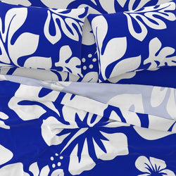 White Hawaiian Flowers on Royal Blue Sheet Set from Surfer Bedding™️ Large Scale - Extremely Stoked