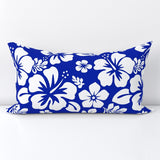 White Hawaiian Flowers on Royal Blue Lumbar Throw Pillow - Extremely Stoked