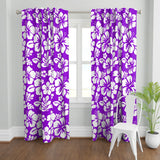 White Hawaiian Flowers on Purple Window Curtains - Extremely Stoked® Eco Beach Luxe Collection - Medium Scale
