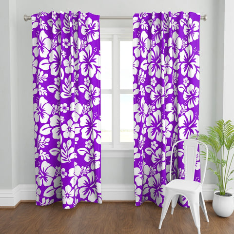 White Hawaiian Flowers on Purple Window Curtains - Extremely Stoked® Eco Beach Luxe Collection - Medium Scale