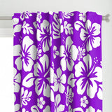 White Hawaiian Flowers on Purple Window Curtains - Extremely Stoked® Eco Beach Luxe Collection - Medium Scale