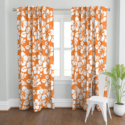 White Hawaiian Flowers on Orange Window Curtains - Extremely Stoked® Eco Beach Luxe Collection - Medium Scale