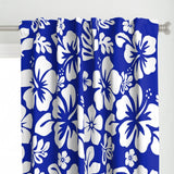 White Hawaiian Flowers on Royal Blue Window Curtains - Extremely Stoked® Eco Beach Luxe Collection - Medium Scale