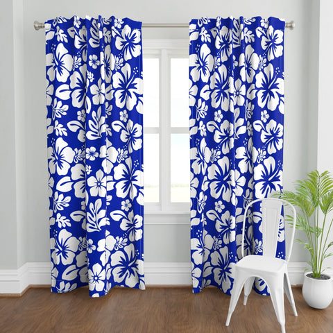 White Hawaiian Flowers on Royal Blue Window Curtains - Extremely Stoked® Eco Beach Luxe Collection - Medium Scale