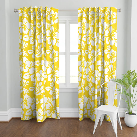 White Hawaiian Flowers on Yellow Window Curtains - Extremely Stoked® Eco Beach Luxe Collection - Medium Scale
