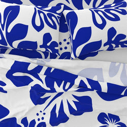 Royal Blue Hawaiian Flowers on White Sheet Set from Surfer Bedding™️ Large Scale - Extremely Stoked