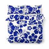 Royal Blue Hawaiian Flowers on White Duvet Cover – Large Scale – Extremely Stoked® Eco Luxe Beach Bedding