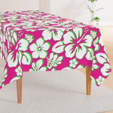 Lime Green and White Hawaiian Flowers on Hot Pink Square and Rectangular Tablecloth - Extremely Stoked