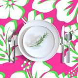 Lime Green and White Hawaiian Flowers on Hot Pink Square and Rectangular Tablecloth - Extremely Stoked