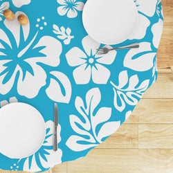 Aqua Blue and White Hawaiian Flowers Round Tablecloth - Extremely Stoked